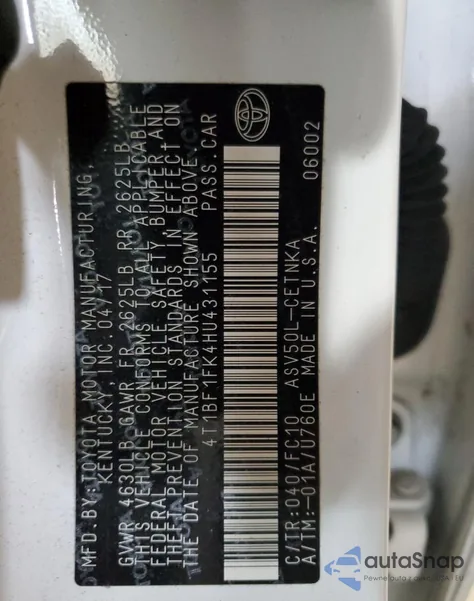 2017 Toyota Camry Le z USA, uszkodzony, nr VIN 4T1BF1FK4HU431155